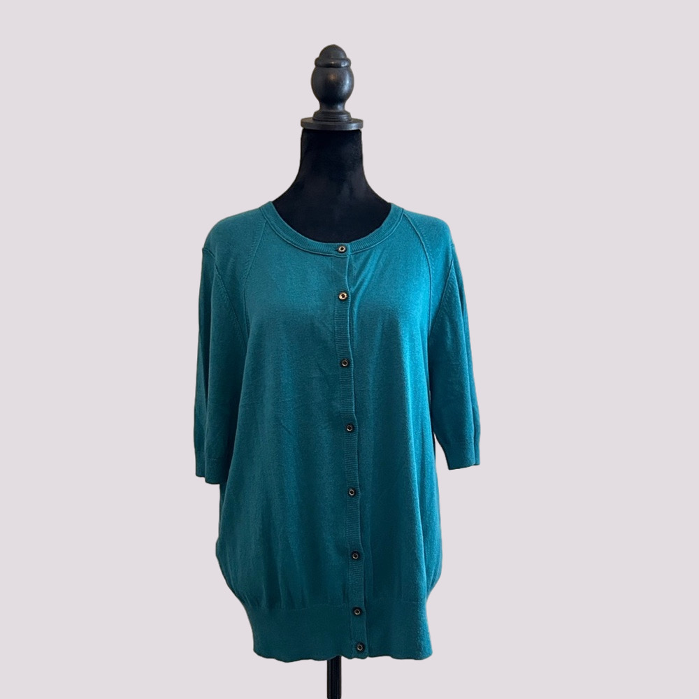Ann Taylor Button Down Short Sleeve Crew Neck Cardigan Sweater Green L